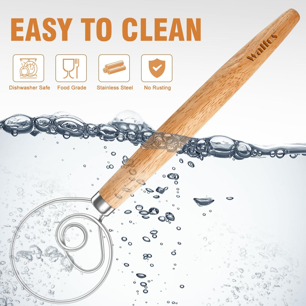 Wood Danish Dough Whisk, Wooden Sourdough Mixer With Stainless Steel Ring, Kitchen Hand Bread Whisking Tool for Cake, Pizza, Pastry, Biscuits