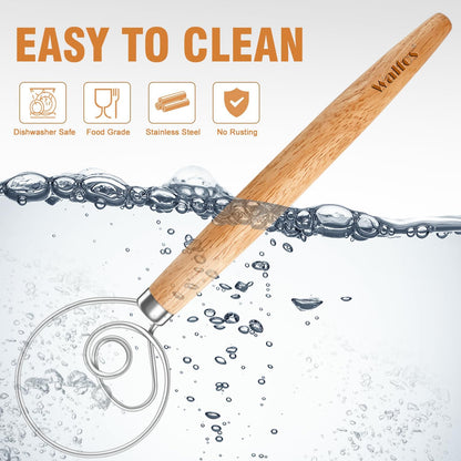 Wood Danish Dough Whisk, Wooden Sourdough Mixer With Stainless Steel Ring, Kitchen Hand Bread Whisking Tool for Cake, Pizza, Pastry, Biscuits