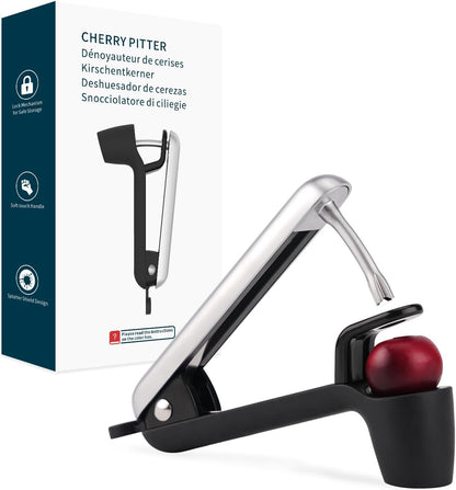Cherry Pitter Tool, Larger Cross-Pitting Head, Cherry Core Remover with Safety Lock, Sturdy Zinc Alloy Handle, Dishwasher Safe(Black)