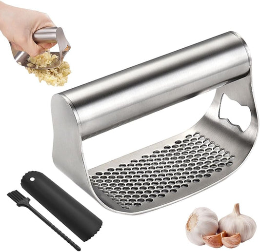 Stainless Steel Garlic Presser, Garlic Press Rocker Heavy Duty Stainless Steel Garlic Mincer, Garlic Chopper with Peeler And Cleaning Brush for Smash Garlic Kitchen Tools (B)