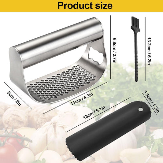 Stainless Steel Garlic Presser, Garlic Press Rocker Heavy Duty Stainless Steel Garlic Mincer, Garlic Chopper with Peeler And Cleaning Brush for Smash Garlic Kitchen Tools (B)
