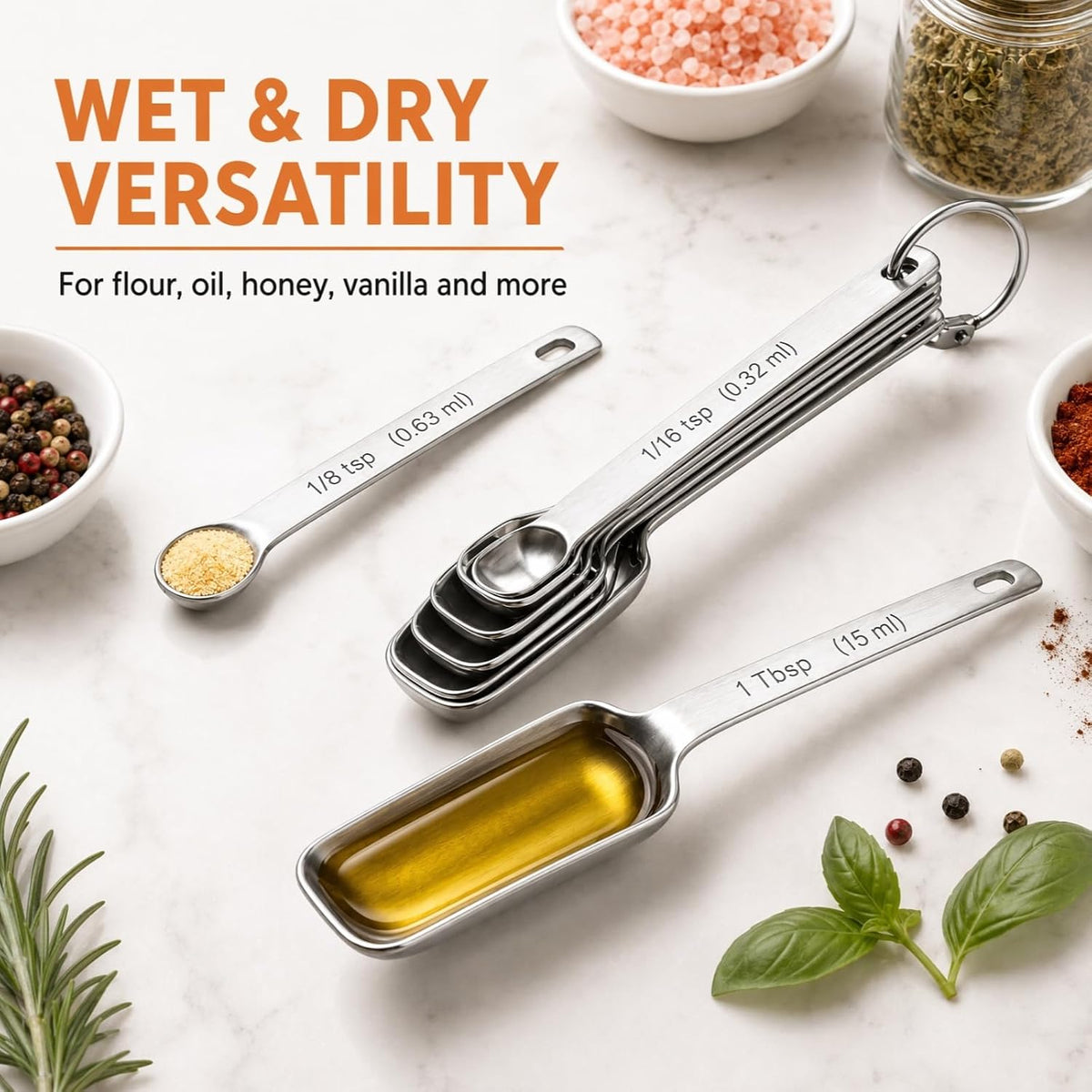 Stainless Steel Measuring Spoons Set of 14 with Leveler, Rectangular Teaspoon & Tablespoon Measuring Spoons for Dry & Liquid Ingredients, Slim Design Fits in Spice Jars
