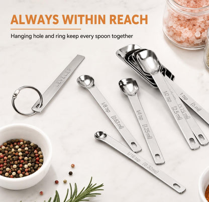 Stainless Steel Measuring Spoons Set of 14 with Leveler, Rectangular Teaspoon & Tablespoon Measuring Spoons for Dry & Liquid Ingredients, Slim Design Fits in Spice Jars