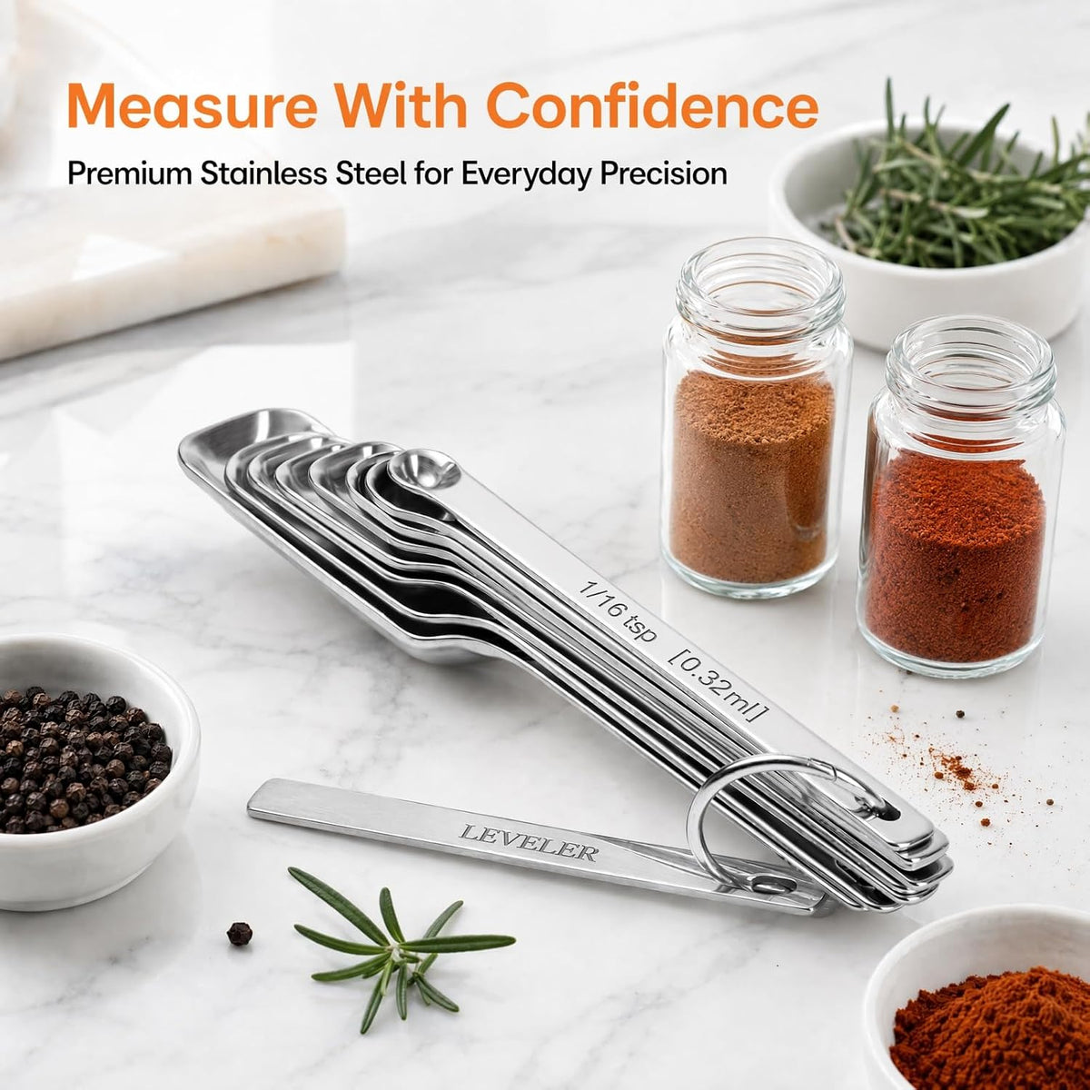 Stainless Steel Measuring Spoons Set of 14 with Leveler, Rectangular Teaspoon & Tablespoon Measuring Spoons for Dry & Liquid Ingredients, Slim Design Fits in Spice Jars