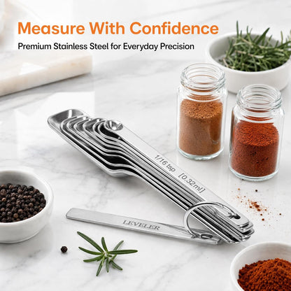 Stainless Steel Measuring Spoons Set of 14 with Leveler, Rectangular Teaspoon & Tablespoon Measuring Spoons for Dry & Liquid Ingredients, Slim Design Fits in Spice Jars