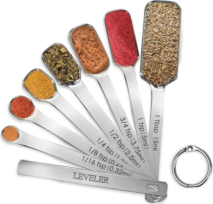 Stainless Steel Measuring Spoons Set of 14 with Leveler, Rectangular Teaspoon & Tablespoon Measuring Spoons for Dry & Liquid Ingredients, Slim Design Fits in Spice Jars