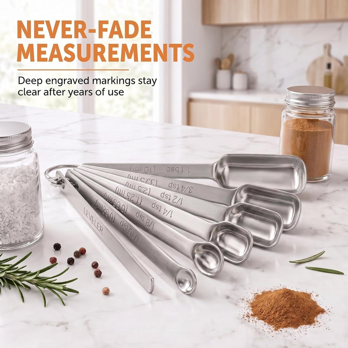 Stainless Steel Measuring Spoons Set of 14 with Leveler, Rectangular Teaspoon & Tablespoon Measuring Spoons for Dry & Liquid Ingredients, Slim Design Fits in Spice Jars