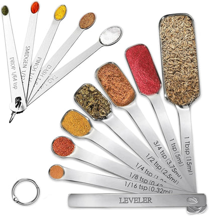 Stainless Steel Measuring Spoons Set of 14 with Leveler, Rectangular Teaspoon & Tablespoon Measuring Spoons for Dry & Liquid Ingredients, Slim Design Fits in Spice Jars