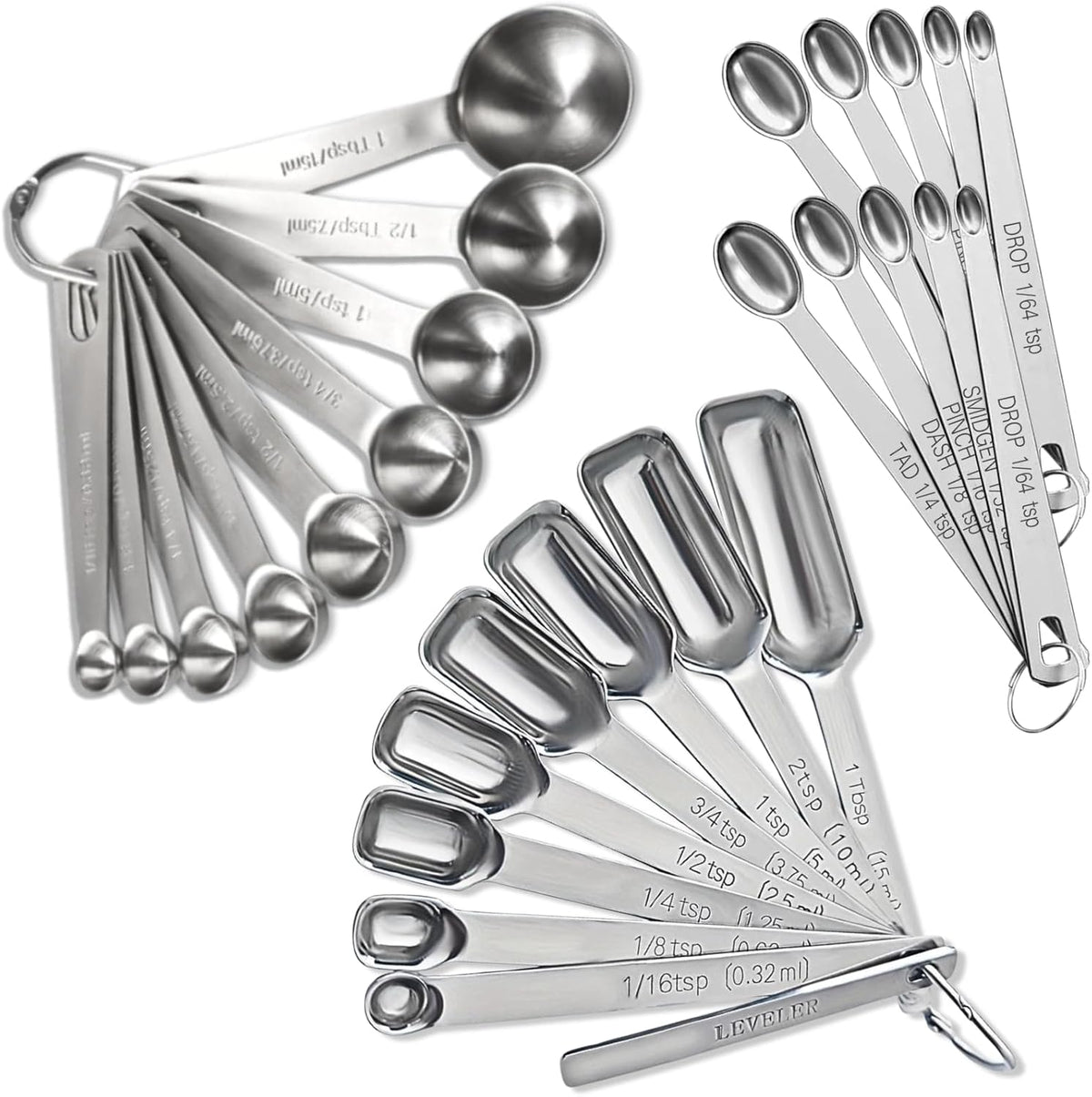 Stainless Steel Measuring Spoons Set of 14 with Leveler, Rectangular Teaspoon & Tablespoon Measuring Spoons for Dry & Liquid Ingredients, Slim Design Fits in Spice Jars