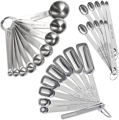 Stainless Steel Measuring Spoons Set of 14 with Leveler, Rectangular Teaspoon & Tablespoon Measuring Spoons for Dry & Liquid Ingredients, Slim Design Fits in Spice Jars