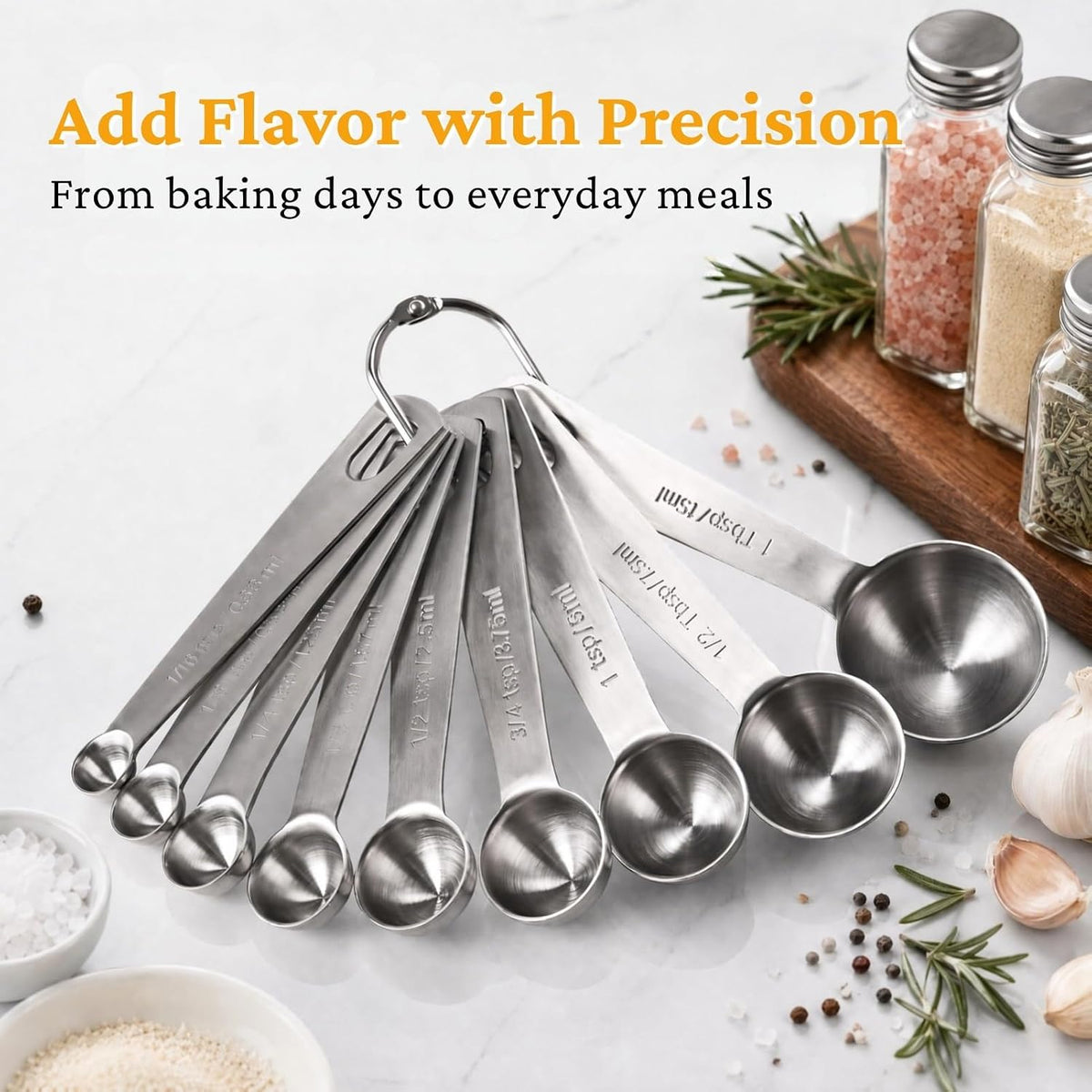 Stainless Steel Measuring Spoons Set of 14 with Leveler, Rectangular Teaspoon & Tablespoon Measuring Spoons for Dry & Liquid Ingredients, Slim Design Fits in Spice Jars