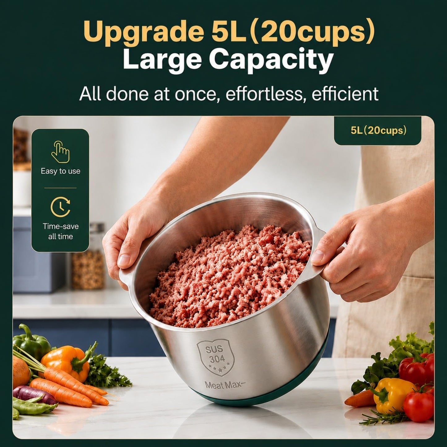 Food Processor,5-Speed Electric Food Chopper,Meat Grinder 5L(20Cups) with Two 6-Blade Sets,500W Powerful Vegetable Chopper Used for Dough Mixing,Meat, Nuts, Fruits, Garlic and Vegetables