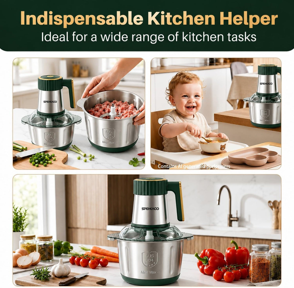 Food Processor,5-Speed Electric Food Chopper,Meat Grinder 5L(20Cups) with Two 6-Blade Sets,500W Powerful Vegetable Chopper Used for Dough Mixing,Meat, Nuts, Fruits, Garlic and Vegetables