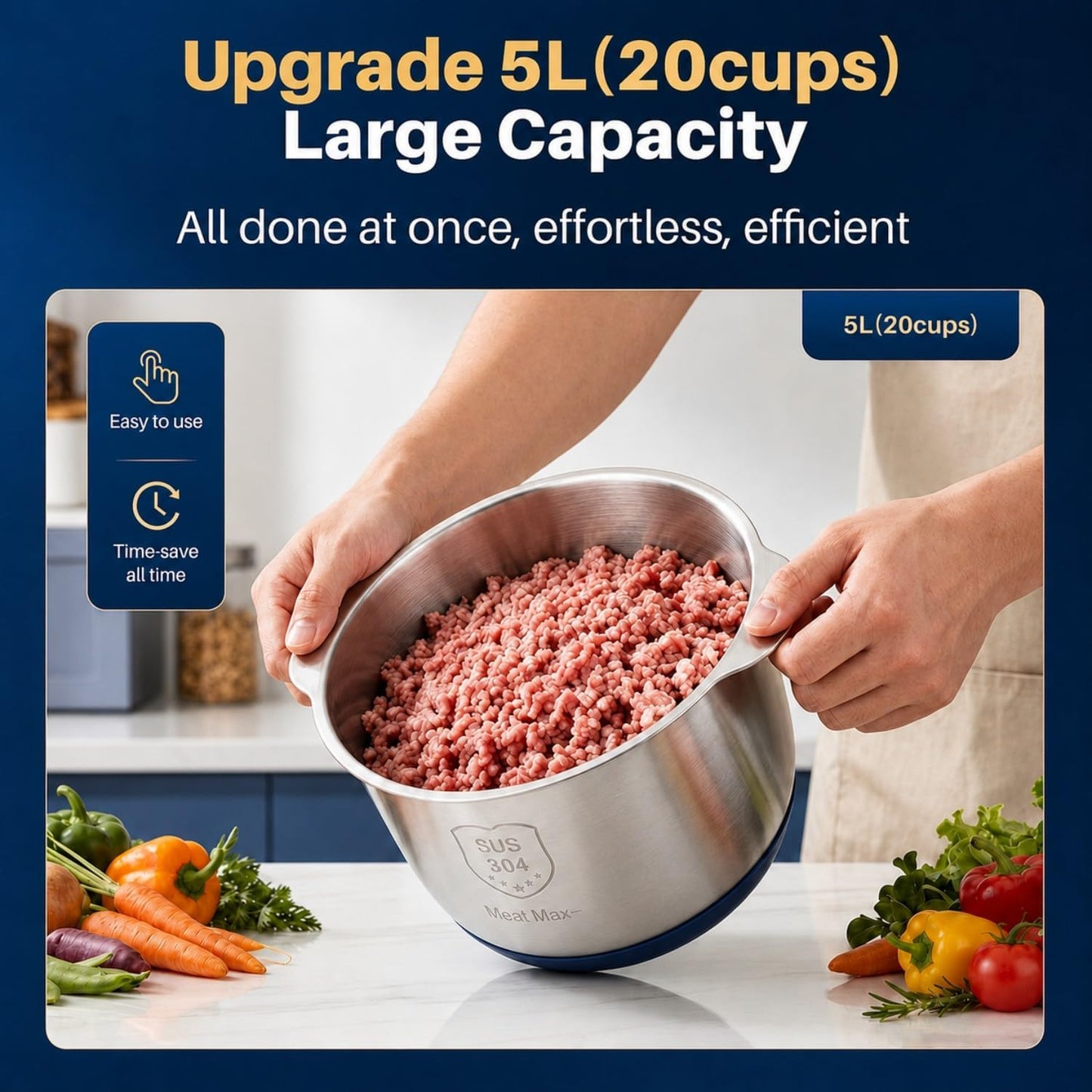 Food Processor,5-Speed Electric Food Chopper,Meat Grinder 5L(20Cups) with Two 6-Blade Sets,500W Powerful Vegetable Chopper Used for Dough Mixing,Meat, Nuts, Fruits, Garlic and Vegetables