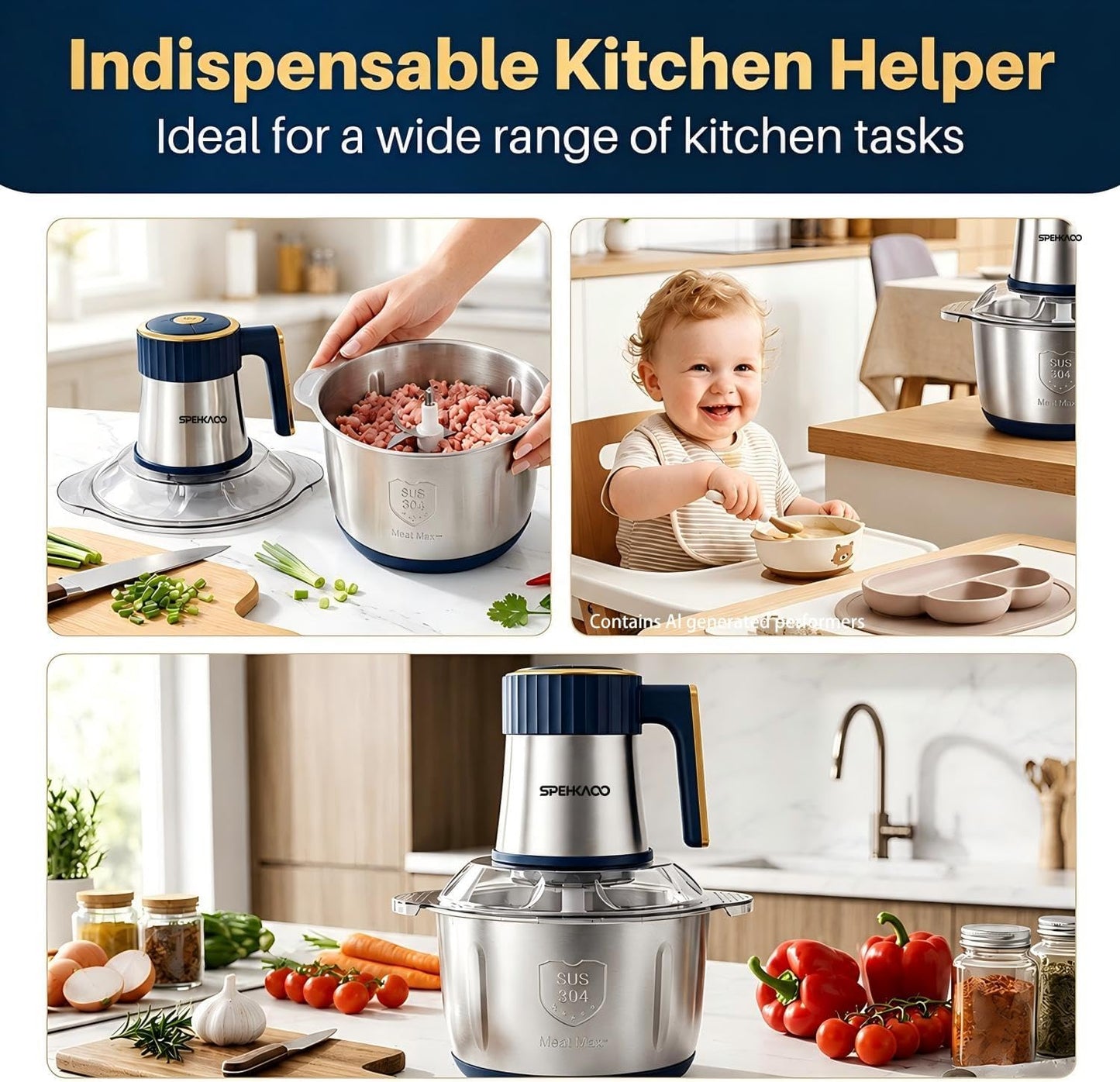Food Processor,5-Speed Electric Food Chopper,Meat Grinder 5L(20Cups) with Two 6-Blade Sets,500W Powerful Vegetable Chopper Used for Dough Mixing,Meat, Nuts, Fruits, Garlic and Vegetables