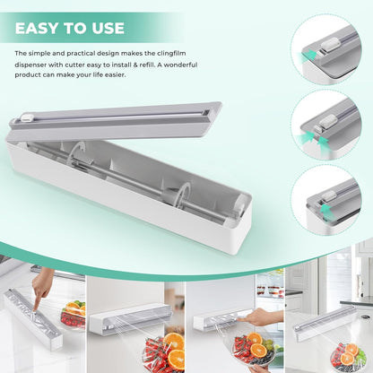 Magnetic Plastic Wrap Dispenser with Cutter - Practical Refillable Aluminum Tin Foil and Plastic Wrap Organizer for Drawer, Including an Extra Roll of 12"X 164' Food Cling Film - Black