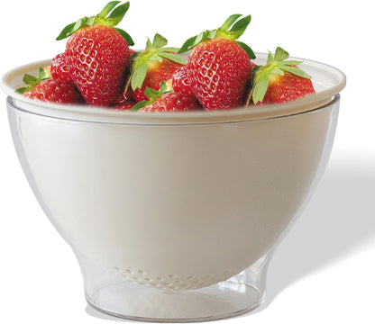 Multifunctional Fruit Strainer Container with Strainer, 2-in-1 Drain Basket for Washing, Storing & Serving, Berry Fridge Storage Box, Kitchen Sink Use (White)