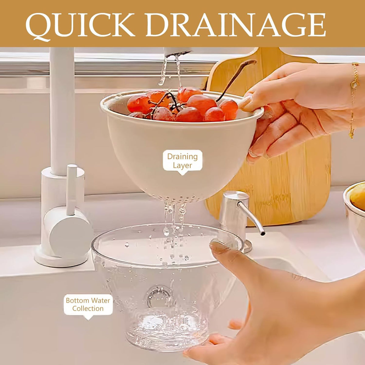 Multifunctional Fruit Strainer Container with Strainer, 2-in-1 Drain Basket for Washing, Storing & Serving, Berry Fridge Storage Box, Kitchen Sink Use (White)