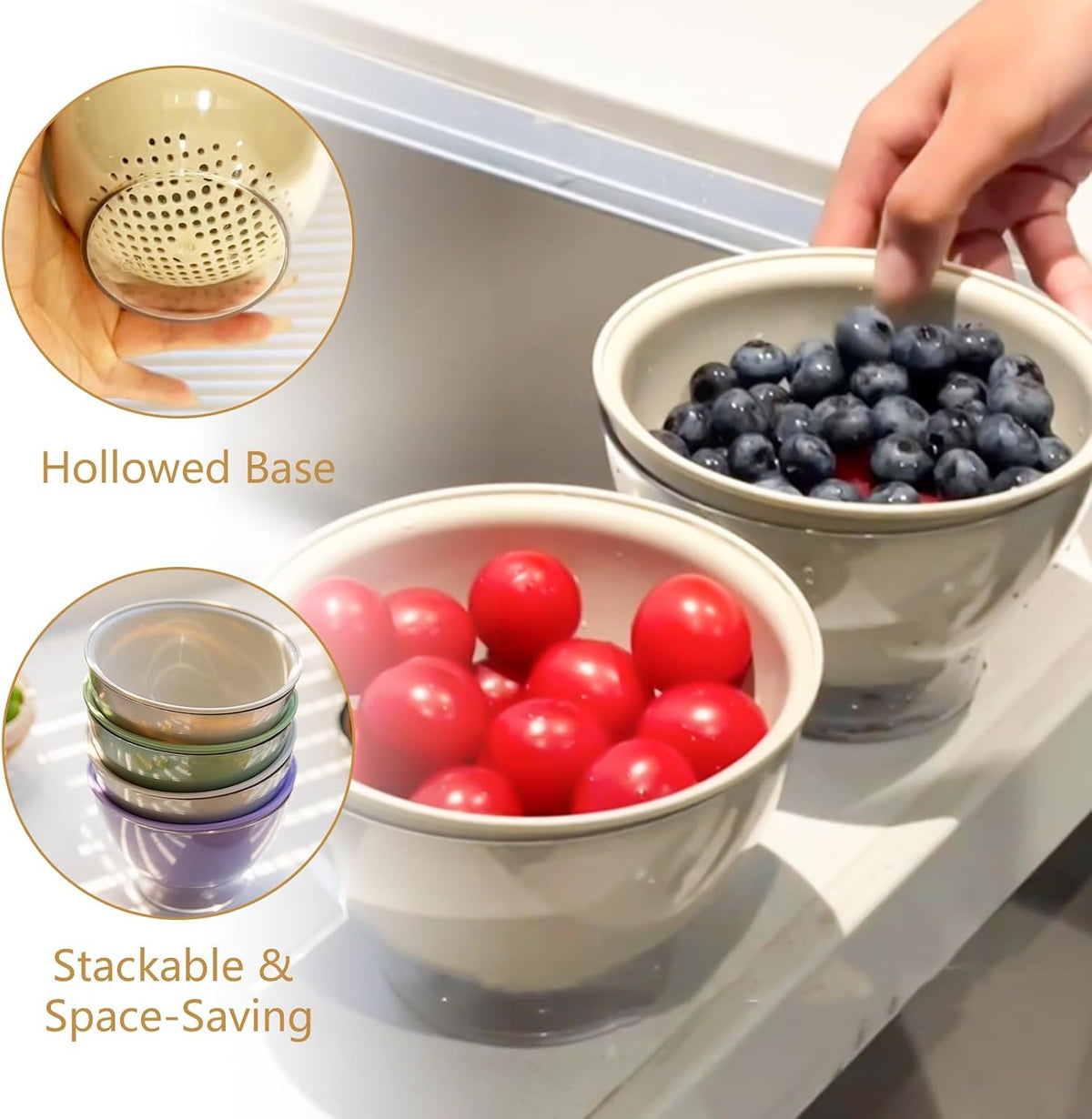 Multifunctional Fruit Strainer Container with Strainer, 2-in-1 Drain Basket for Washing, Storing & Serving, Berry Fridge Storage Box, Kitchen Sink Use (White)
