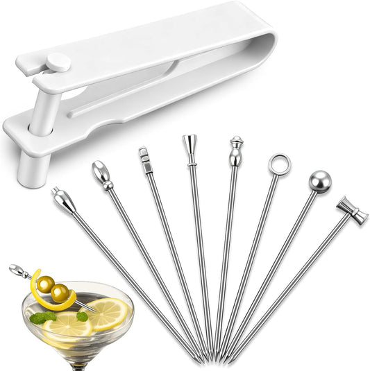 Olive Stuffer Tool Set & 8 Stainless Steel Martini Picks | Food Grade Olive Stuffing Tool for Stuffed Olives, Blue Cheese and Garlic Fillings, Cocktail Picks for Martinis