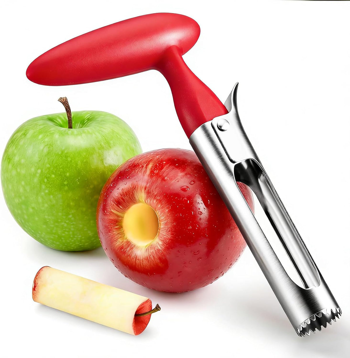 Apple Corer Tool, Stainless Steel Apple Core Remover with Safety Lid, Red