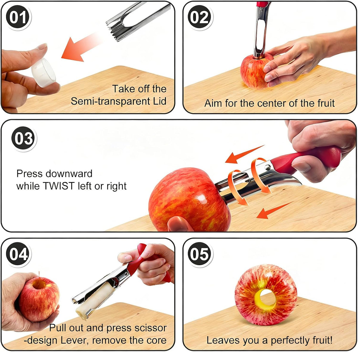 Apple Corer Tool, Stainless Steel Apple Core Remover with Safety Lid, Red