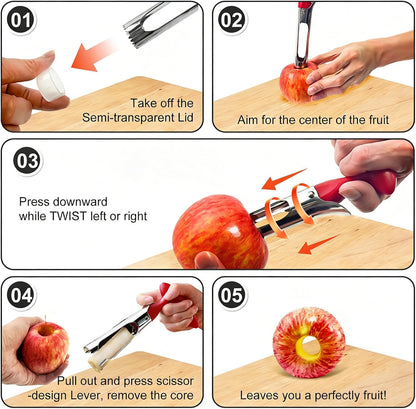 Apple Corer Tool, Stainless Steel Apple Core Remover with Safety Lid, Red