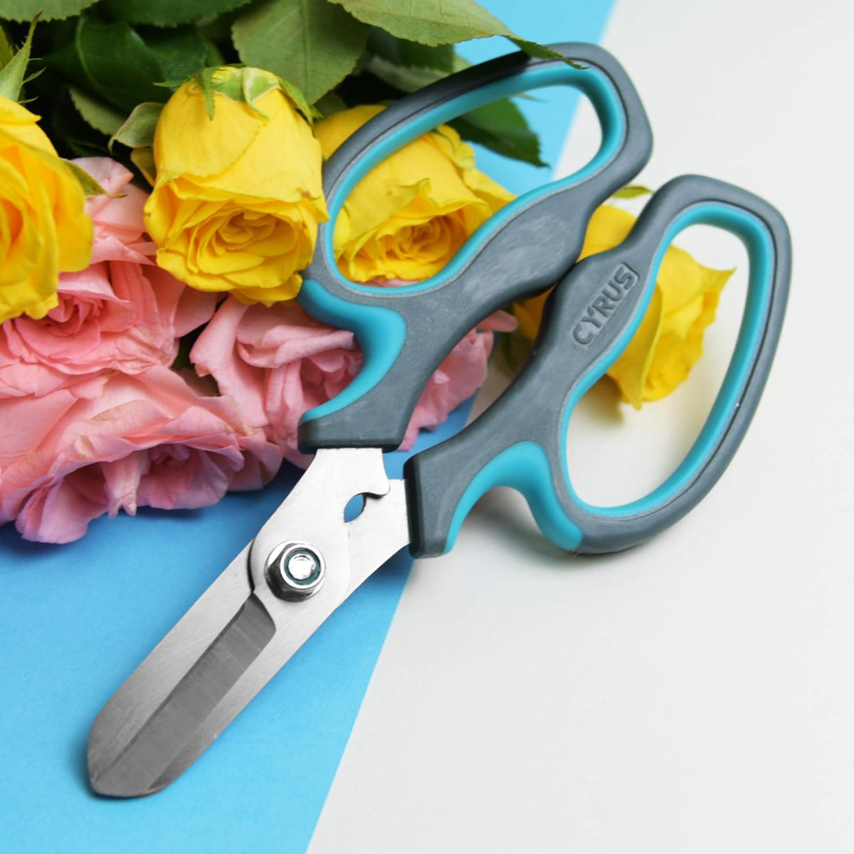Blue Stainless Steel Floral Shears with Integrated Stab Remover