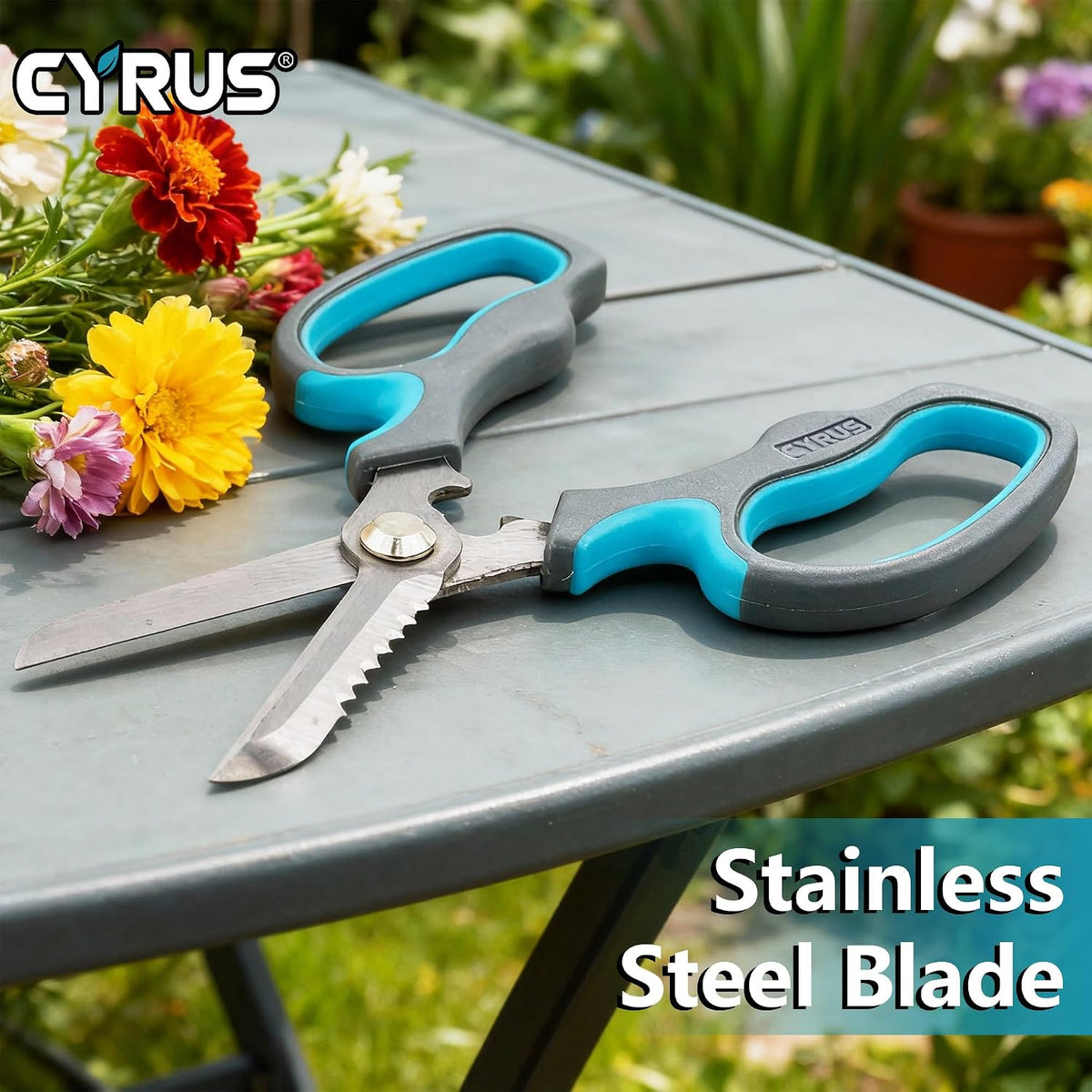 Blue Stainless Steel Floral Shears with Integrated Stab Remover