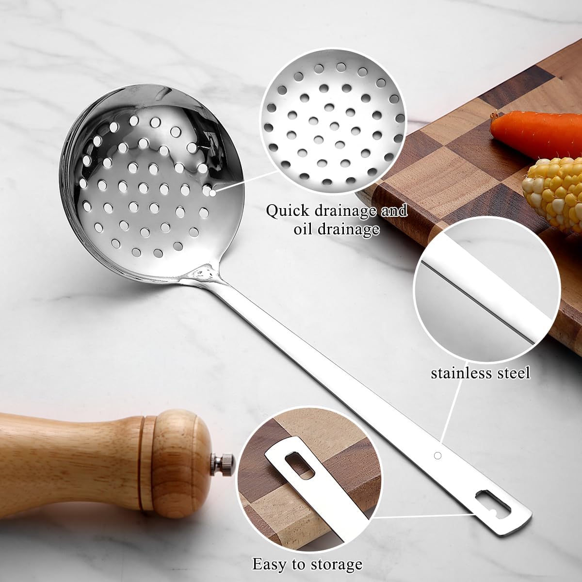 Kitchen Skimmer Slotted Spoon - Stainless Steel Spider Strainer for Straining Pasta/Cooking/Frying, Durable Rust-Resistant Kitchen Utensils Skimmer Ladle