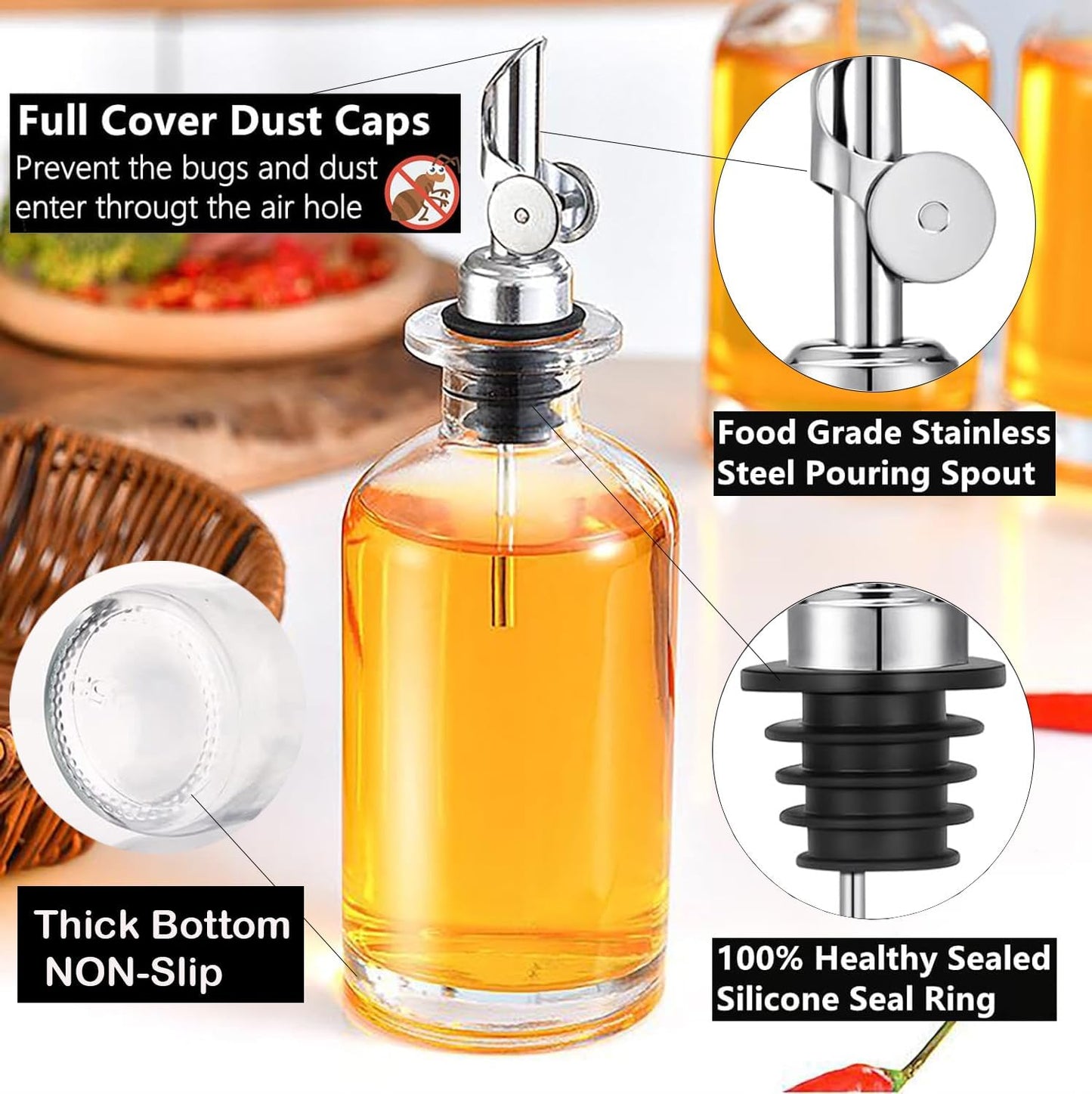 2 Pack Auto Flip Olive Oil Dispenser Spout, Liquor Pour Spout, Oil Dispenser Top, Easily Turn Your Bottles into Dispensers for Liquor, Vinegar, Oils, Weighted Pourer, Silvers