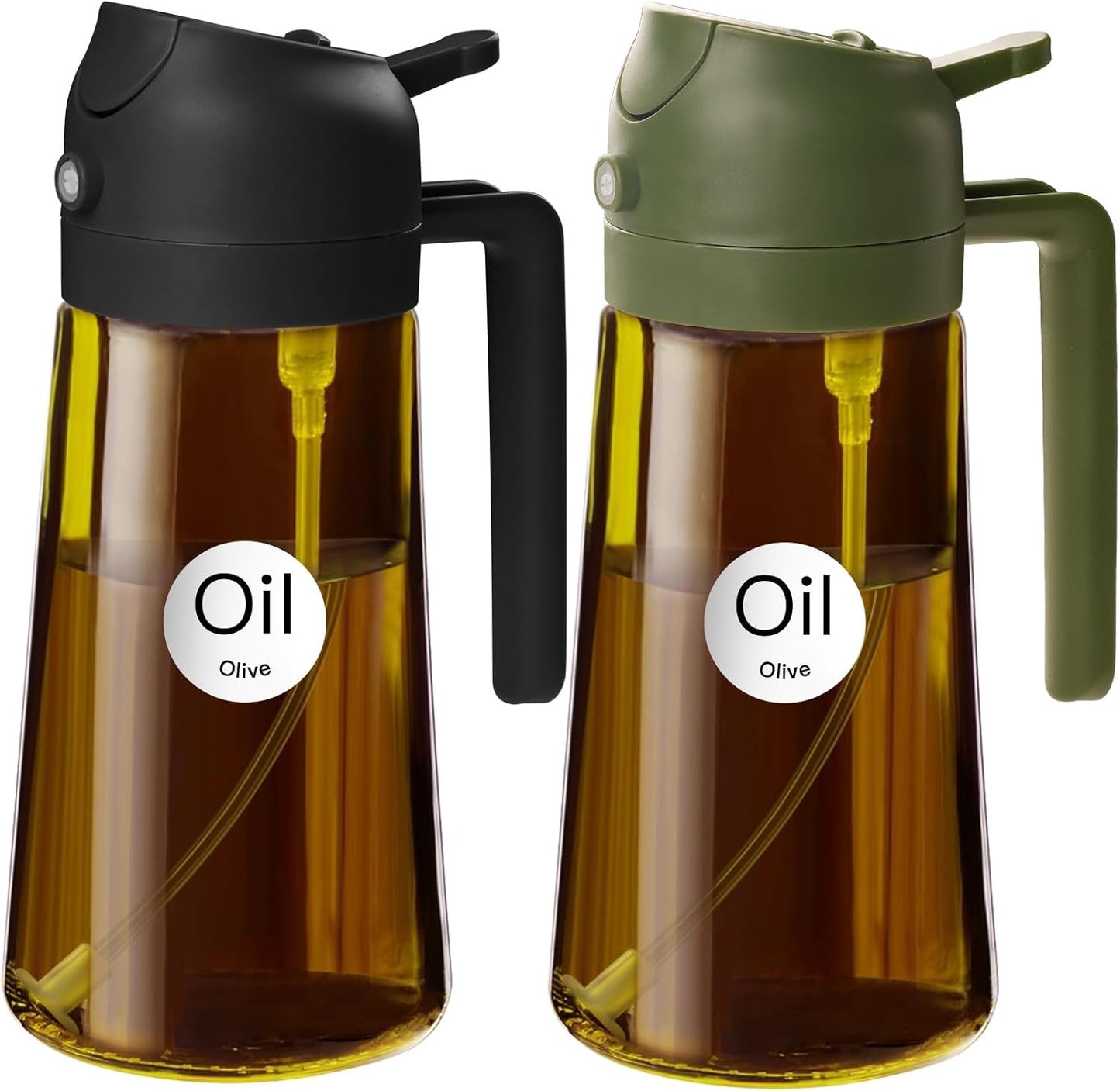 2Pcs 16oz/470ml Dark Brown Oil Sprayer for Cooking | Food-grade Premium 2 in 1 Olive Oil Dispenser Bottle for Kitchen Gadgets, Air Fryer, Salad, Frying, BBQ (Black&OliveGreen)