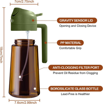 2Pcs 16oz/470ml Dark Brown Oil Sprayer for Cooking | Food-grade Premium 2 in 1 Olive Oil Dispenser Bottle for Kitchen Gadgets, Air Fryer, Salad, Frying, BBQ (Black&OliveGreen)