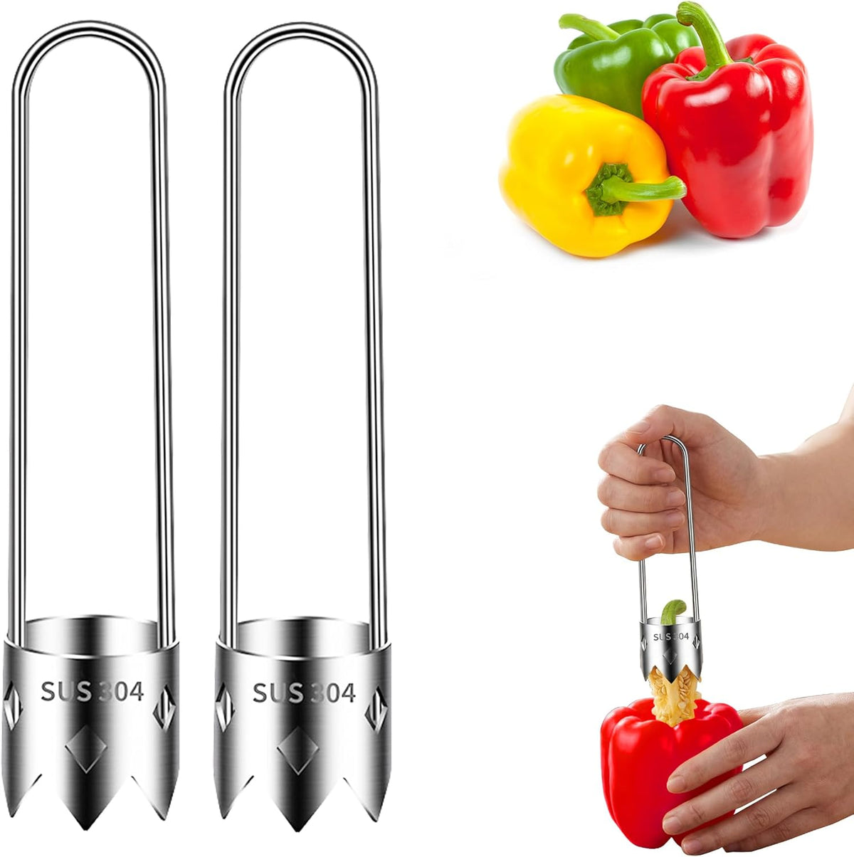 2 PCS Pepper Corer and Tomato Corer Tool, 304 Stainless Steel Vegetable Corer Seed Remover for Bell Peppers, Jalapenos, Tomatoes, Stuffed Peppers, BBQ and Camping