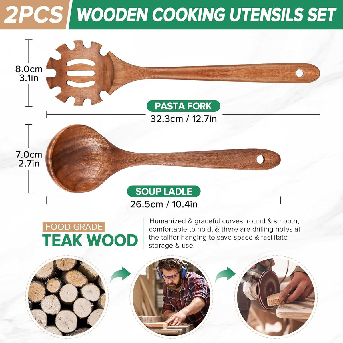 Wooden Soup Ladle Spoon & Spaghetti Pasta Spoons Utensil Set of 2 | Wooden Spoons for Cooking Serving, Teak Wood Ladles Set,Pasta fork with Teeth, Slotted Noodle Spoon for Stirring Sauce broths