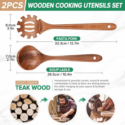 Wooden Soup Ladle Spoon & Spaghetti Pasta Spoons Utensil Set of 2 | Wooden Spoons for Cooking Serving, Teak Wood Ladles Set,Pasta fork with Teeth, Slotted Noodle Spoon for Stirring Sauce broths