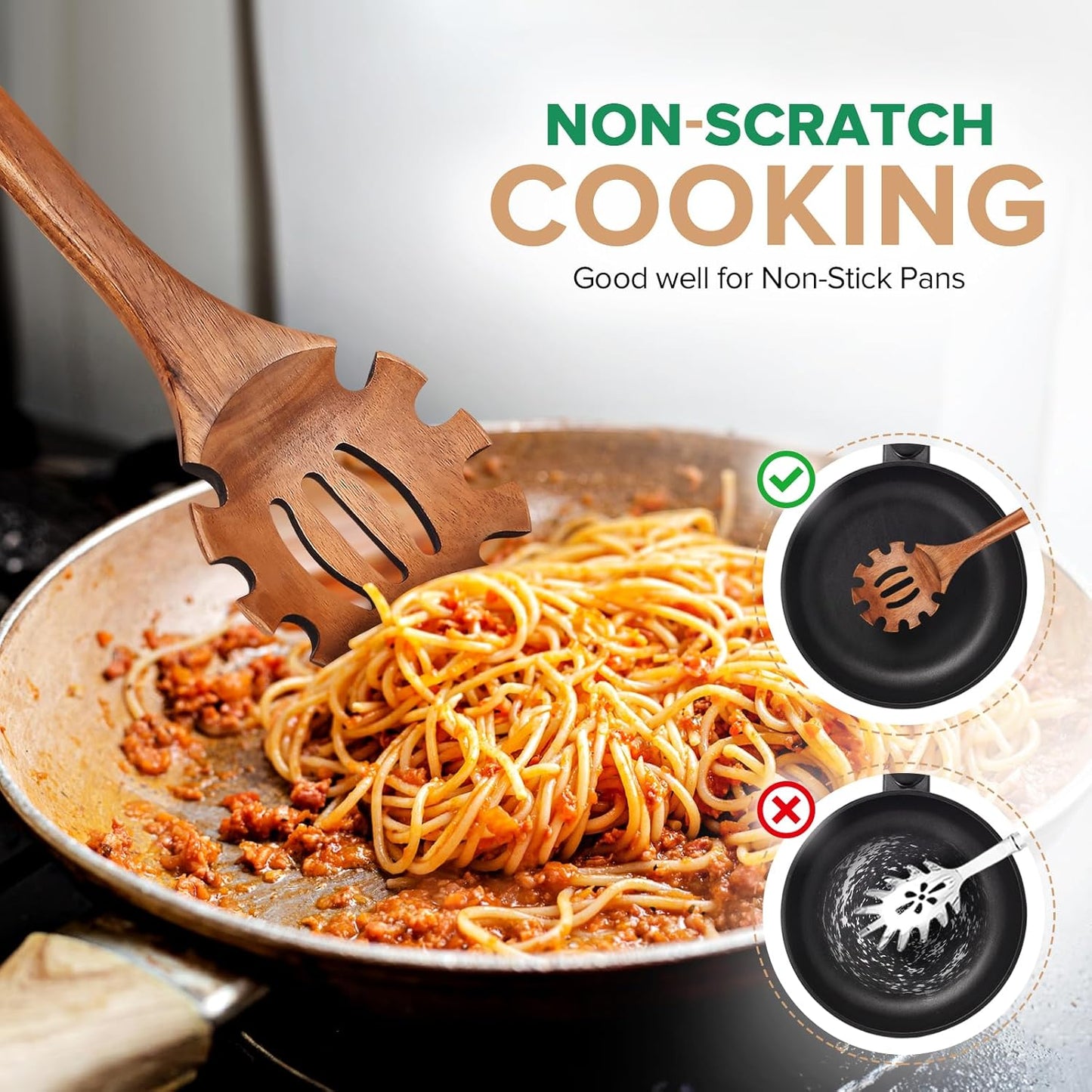 Wooden Soup Ladle Spoon & Spaghetti Pasta Spoons Utensil Set of 2 | Wooden Spoons for Cooking Serving, Teak Wood Ladles Set,Pasta fork with Teeth, Slotted Noodle Spoon for Stirring Sauce broths