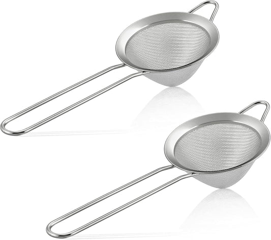 Fine Mesh Strainer Set of 2, 3.3 Inches Stainless Steel Tea Strainer with Long Handle, Small Conical Mesh Strainers Sieve for Cocktail Coffee Food, Rust Proof & Easy to Clean (Silver)