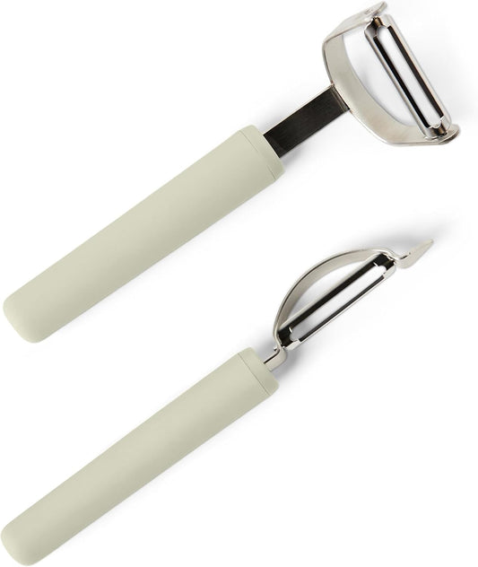 Vegetable Peelers with Ultra-Sharp Stainless Steel Swivel Blades, Non-Slip Soft-Touch Handle, Protective Covers, 2-Piece Set, Dishwasher-Safe, Linen Gray