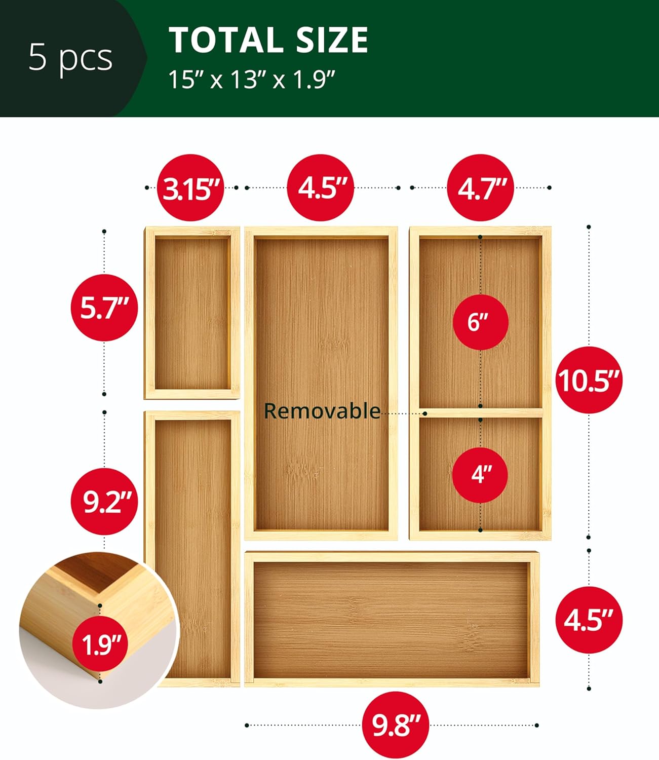 5-Piece Bamboo Drawer Organizer Set – Multi-Use Storage Trays for Kitchen, Bathroom, Office, Makeup, Jewelry & More – Junk Drawer Tray, Utensil Holder, Storage Box & Bin Set (5 Boxes)