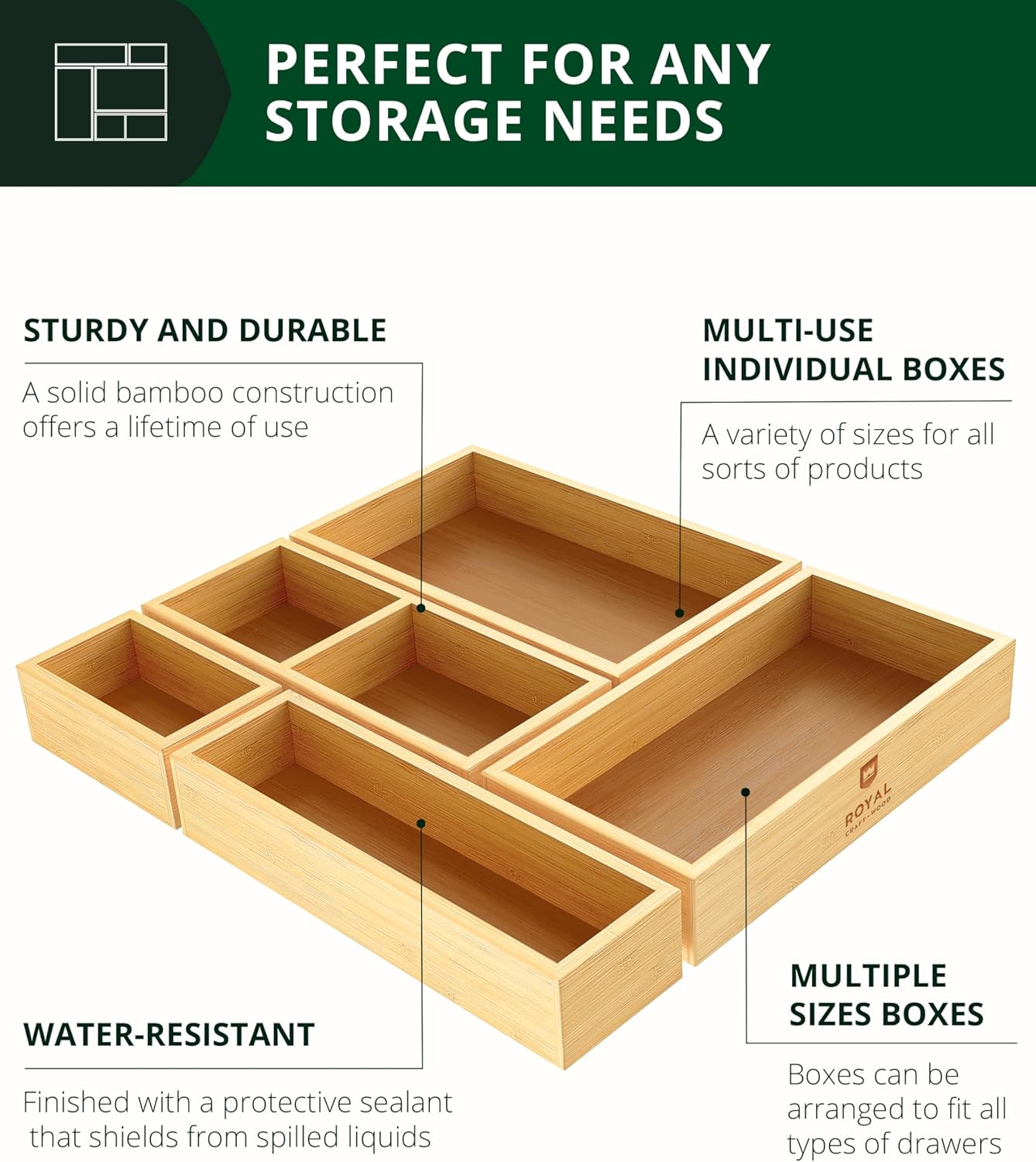 5-Piece Bamboo Drawer Organizer Set – Multi-Use Storage Trays for Kitchen, Bathroom, Office, Makeup, Jewelry & More – Junk Drawer Tray, Utensil Holder, Storage Box & Bin Set (5 Boxes)