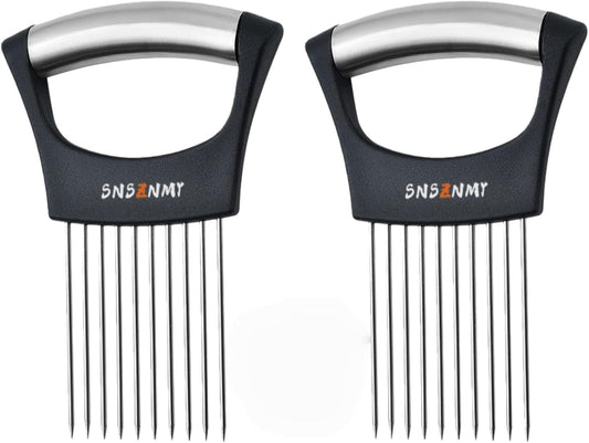 Onion Holder for Slicing, Upgrade Stainless Steel Onion Slicer Holder Lemon Slicer Vegetable Cutter, Assistant Tool for Slicing Fruit, Potato, Tomato and Meat (2 Pack)