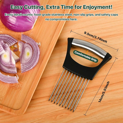 【2 PCS】Onion Slicer, Onion Holder for Slicing - Stainless Steel Vegetable & Fruit Cutter for Onions, Tomatoes, Potato, Avocado, Lemon, Eggs, Meat | Kitchen Chopper Gadget with Neat Guide & Tenderizer