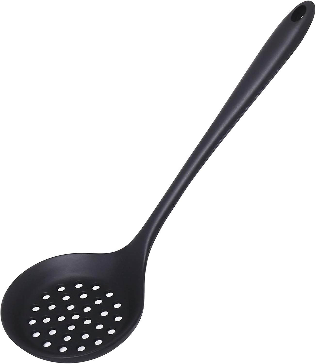 Slotted Spoon, Heatproof Skimmer Strainer Slotted Spoon, Seamless One-Piece Non-Stick Cooking Silicone Scoop Ladle with Ergonomic Handle for Filter Vegetable, Pasta and More (Black)
