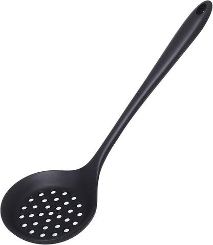 Slotted Spoon, Heatproof Skimmer Strainer Slotted Spoon, Seamless One-Piece Non-Stick Cooking Silicone Scoop Ladle with Ergonomic Handle for Filter Vegetable, Pasta and More (Black)