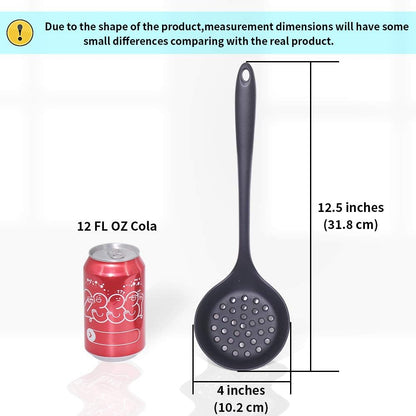 Slotted Spoon, Heatproof Skimmer Strainer Slotted Spoon, Seamless One-Piece Non-Stick Cooking Silicone Scoop Ladle with Ergonomic Handle for Filter Vegetable, Pasta and More (Black)