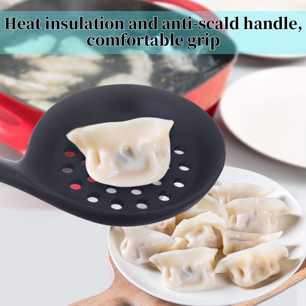Slotted Spoon, Heatproof Skimmer Strainer Slotted Spoon, Seamless One-Piece Non-Stick Cooking Silicone Scoop Ladle with Ergonomic Handle for Filter Vegetable, Pasta and More (Black)
