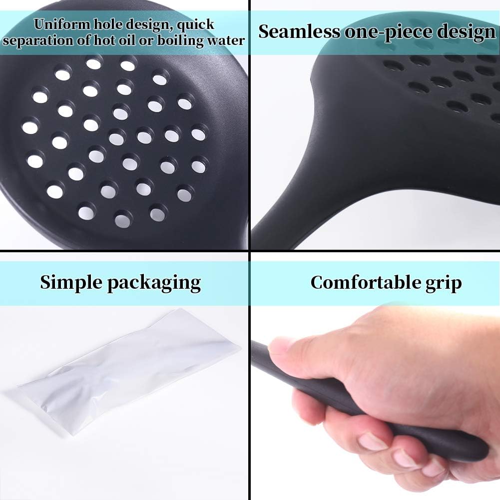 Slotted Spoon, Heatproof Skimmer Strainer Slotted Spoon, Seamless One-Piece Non-Stick Cooking Silicone Scoop Ladle with Ergonomic Handle for Filter Vegetable, Pasta and More (Black)