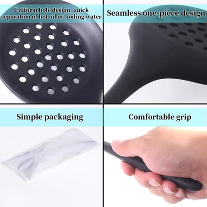 Slotted Spoon, Heatproof Skimmer Strainer Slotted Spoon, Seamless One-Piece Non-Stick Cooking Silicone Scoop Ladle with Ergonomic Handle for Filter Vegetable, Pasta and More (Black)