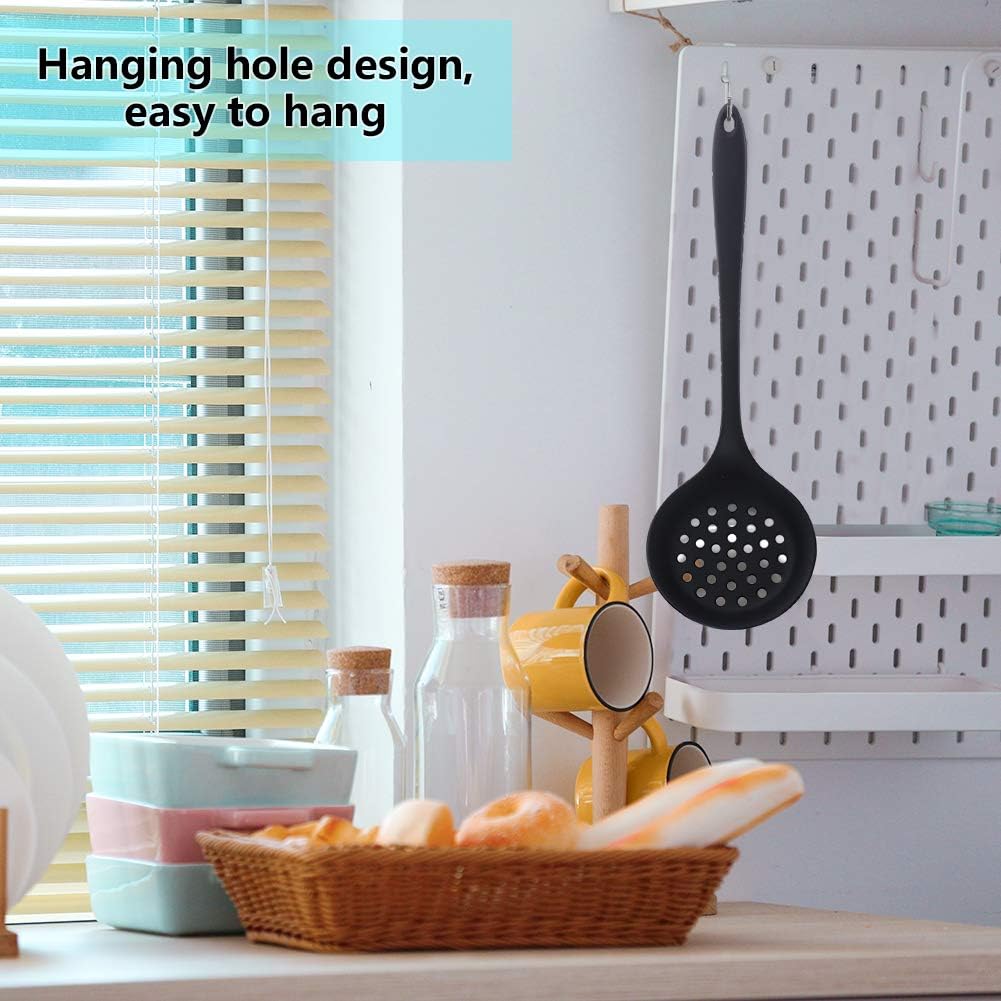 Slotted Spoon, Heatproof Skimmer Strainer Slotted Spoon, Seamless One-Piece Non-Stick Cooking Silicone Scoop Ladle with Ergonomic Handle for Filter Vegetable, Pasta and More (Black)
